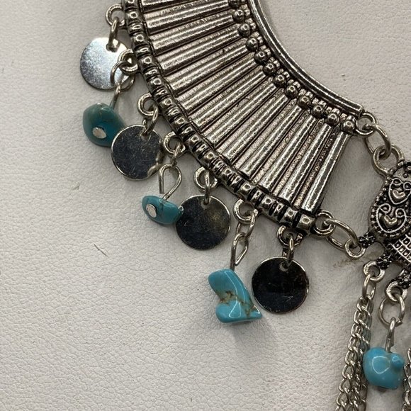 BOHO STYLE COLLAR BIB TURQUOISE CHIPS SILVER TONE 20" Tassel Drop Necklace - Picture 3 of 8